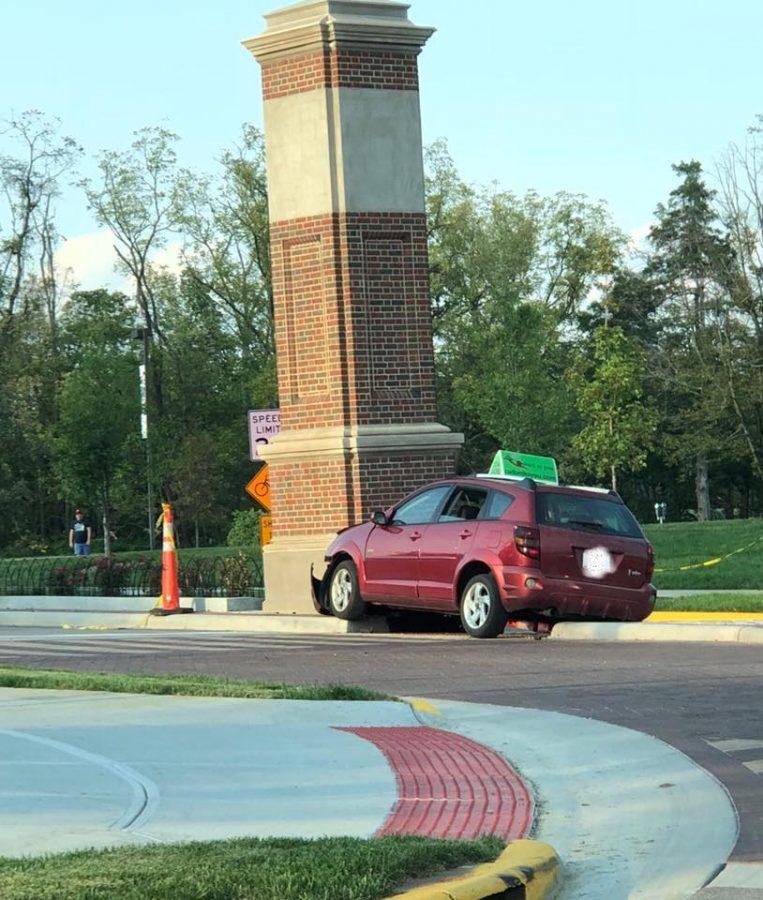 The wreck pictured here is the first incident of its kind involving the brick pillar. Photo courtesy of the Miami University Police Department