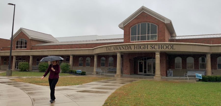 Talawanda High School on a recent rainy afternoon. The district is struggling to meet state testing standards. Photo by Megan Zahneis 