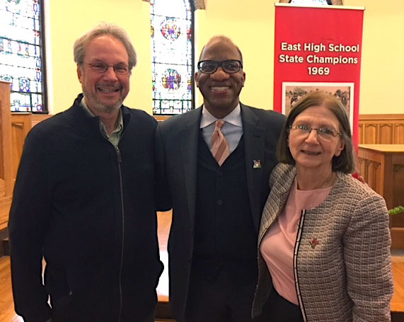 Journalist/author and Miami alum Wil Haygood, center, won great support from Harrison winner Richard Campbell and Provost Phyllis Callahan over the years.  Photo by Patti Newberry