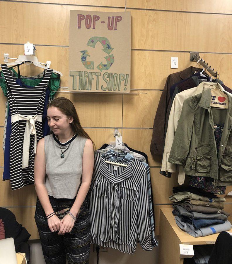 Katja Diekgers at her pop-up thrift shop in Armstrong Center. Photo by Patrick Donovan 