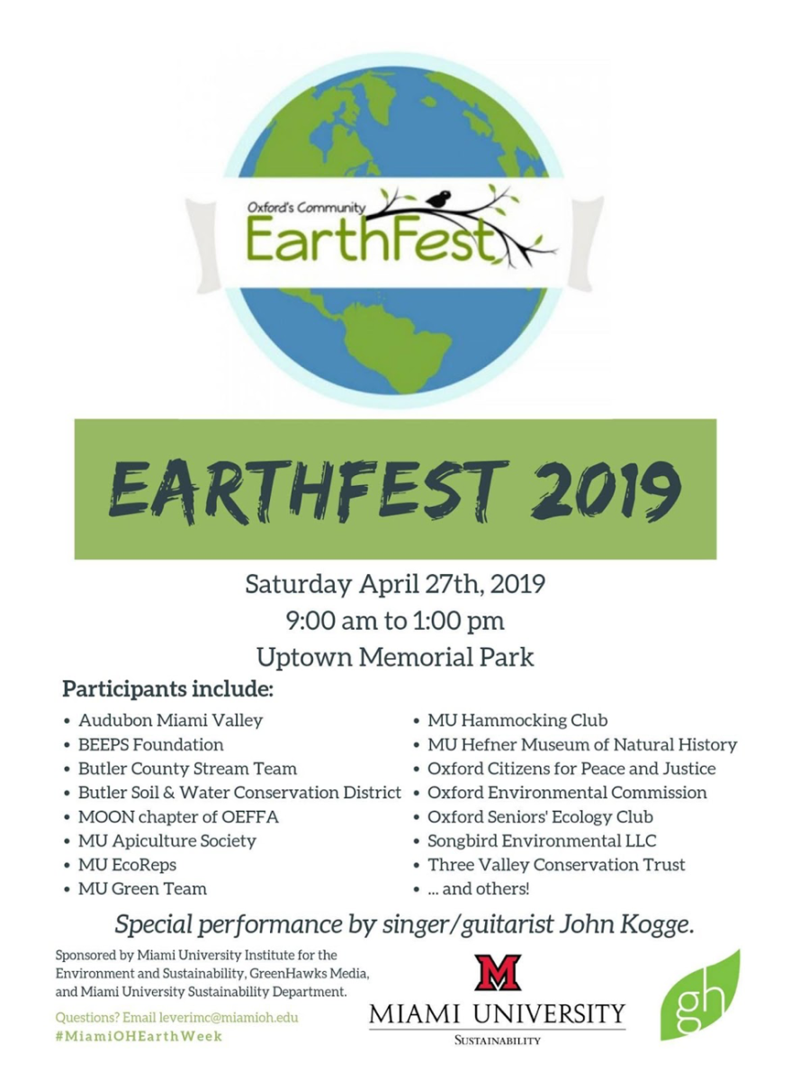 A poster inviting the community to the Oxford/Miami Community EarthFest Saturday in Uptown Memorial Park. Illustration courtesy of EarthFest.