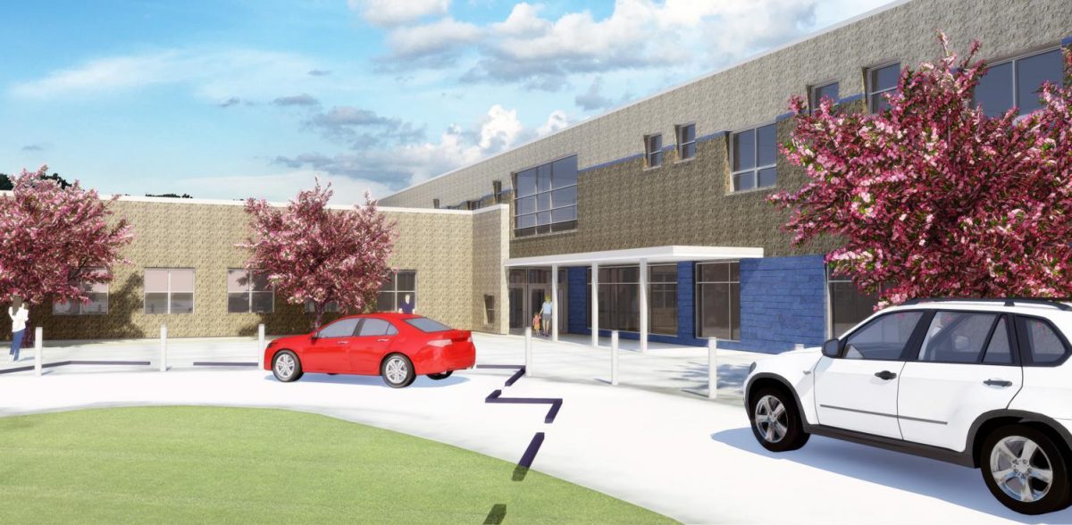 An artist’s rendering of the front view of the new building. Image provided by Talawanda School District