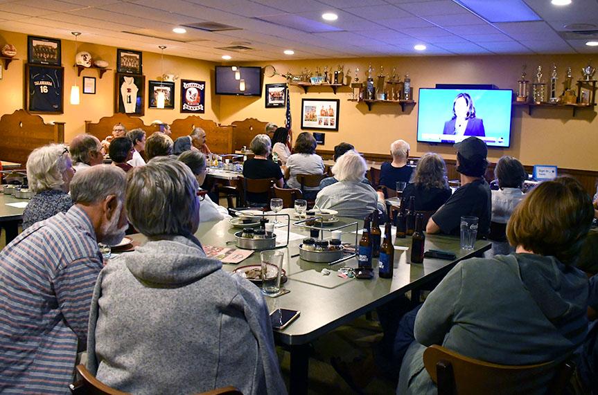 About 30 Oxford area Democrats gathered at LaRosa’s  Thursday to watch the televised debate of Democratic presidential contenders. Photo by Lauren Shassere.