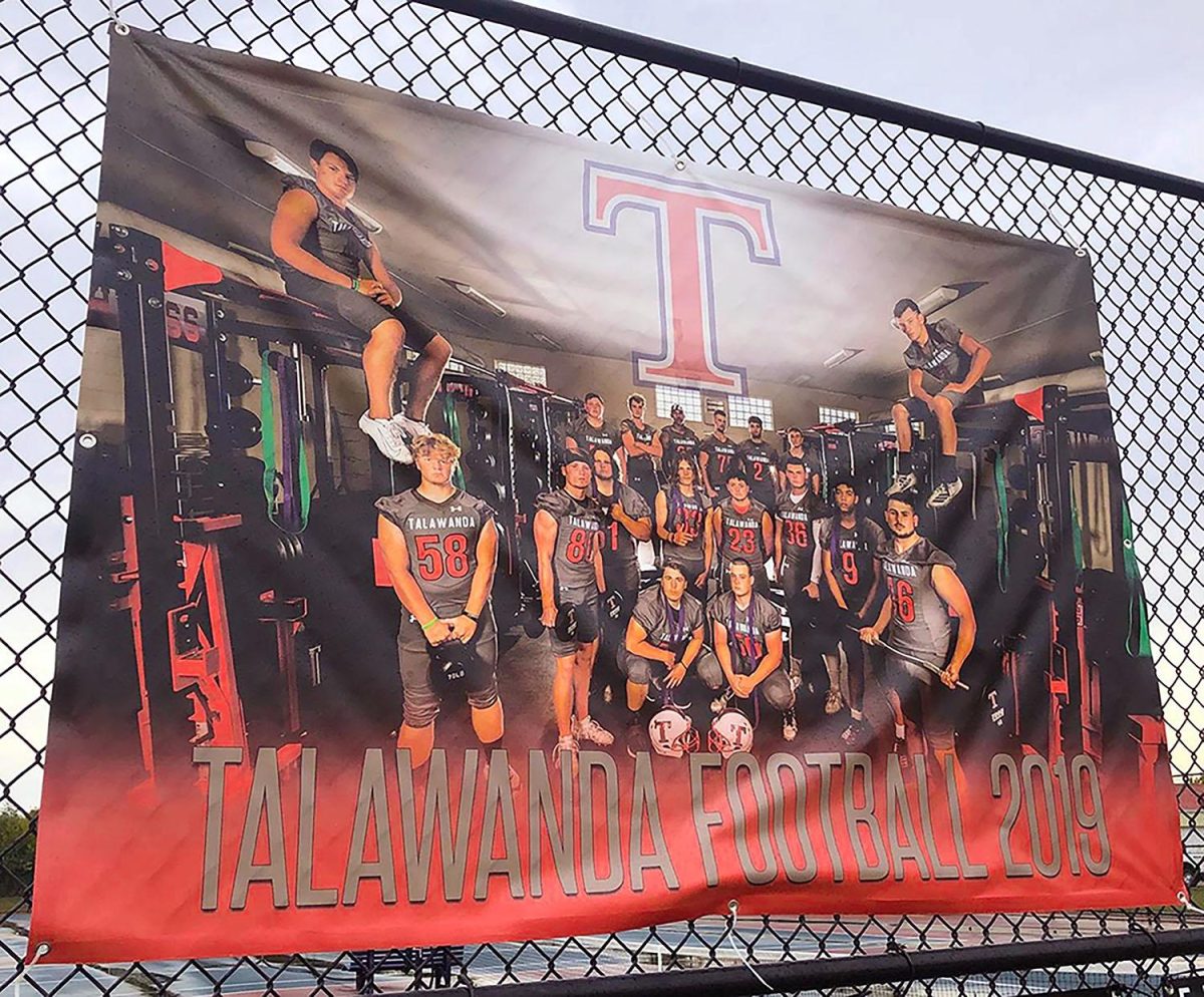 A banner showing layers on this year’s Talawanda football team in the high school weight room. Photo by Massillon Myers