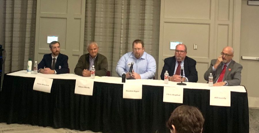 The five candidates for Oxford City Council participate in a public forum on Wednesday, sponsored by the Miami Student. From left to right: Jason Bracken, Glenn Ellerbe, Hueston Kyger, Chris Skoglind and Bill Snavely. Photo by Ryan McSheffrey