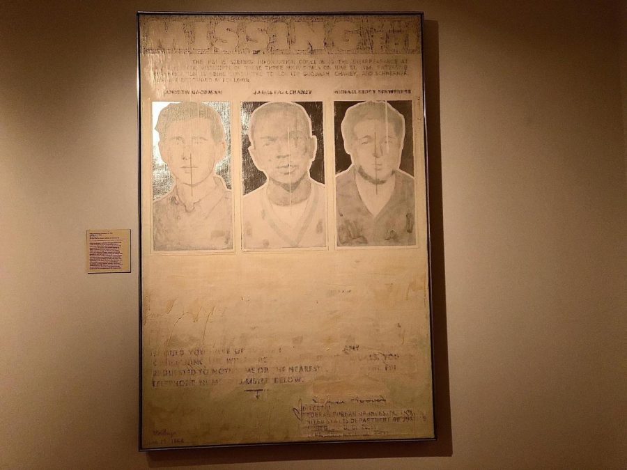 <strong>“</strong>Missing No. 1,” by artist Phillip Morsberger, on loan to the Miami University Art Museum, depicts three murdered civil rights workers from 1964. A celebration of 1964’s Freedom Summer, takes place Saturday, Nov. 2, at the National Underground Railroad Freedom Center, in Cincinnati. <em>Photo by Marla Chavez Garcia</em>