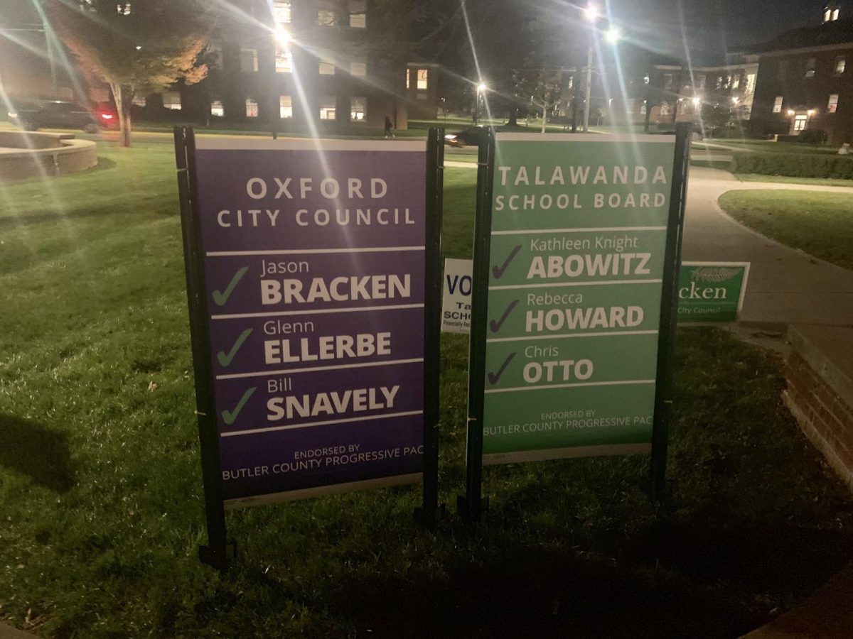 The Butler County Progressive Political Action Committee put up campaign signs that featured the names of all three candidates they endorsed for city council and all three candidates they endorsed for the Talawanda Board of Education. Photo by Ryan McSheffrey.