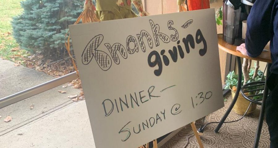 A sign showing the Thanksgiving dinner with the time was on display in the lobby of Grace Pointe Church. Photo by Josiah Collins