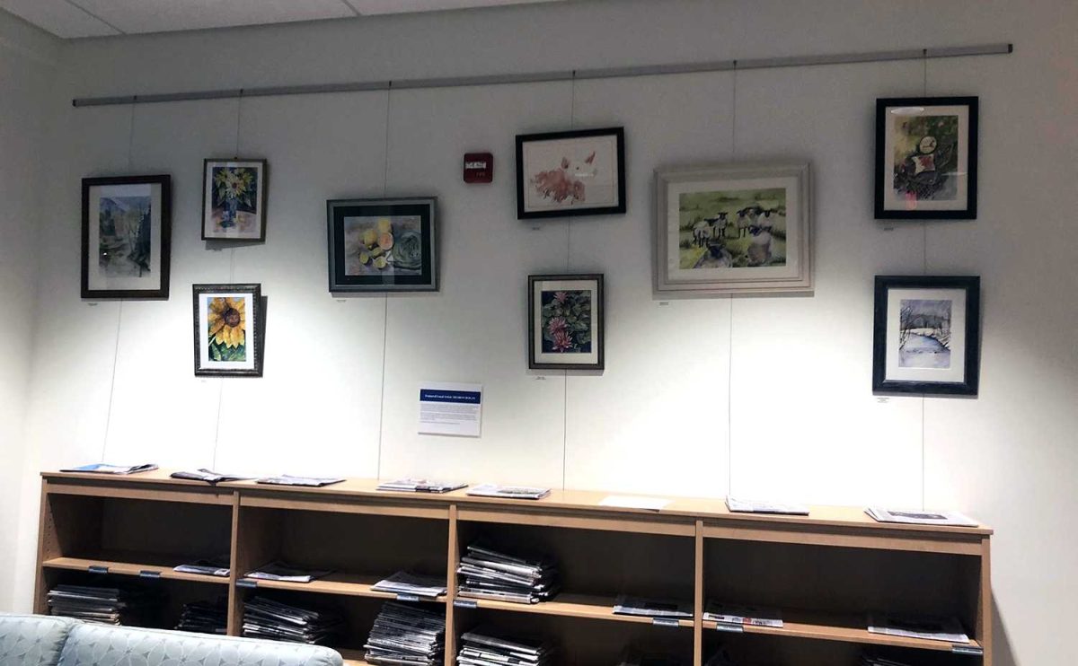 The art exhibition section of the Oxford Lane Library opened this week with a display of watercolors by local artist Sharon Bogan. Photo by Peyton Gigante