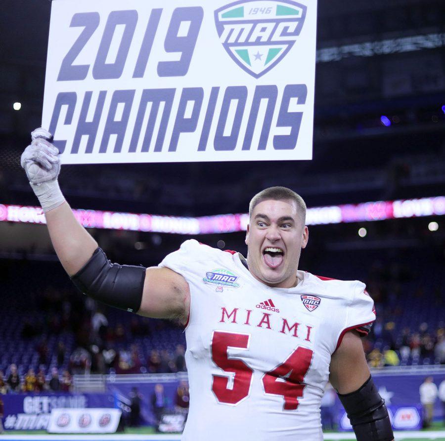  Offensive lineman Tommy Doyle earned first-team All Mid-American Conference honors. He started 11 games at left tackle and helped pave the way for the RedHawks to rush for 133.1 yards per game and 28 sacks allowed, seventh-fewest in the MAC. <em> Photo by Shelby Frieszell</em>