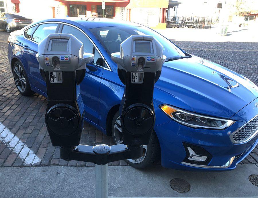 A pair of “smart” meters, that take credit cards as well as coins, installed on High Street. <em>Photo by Halie Barger</em>