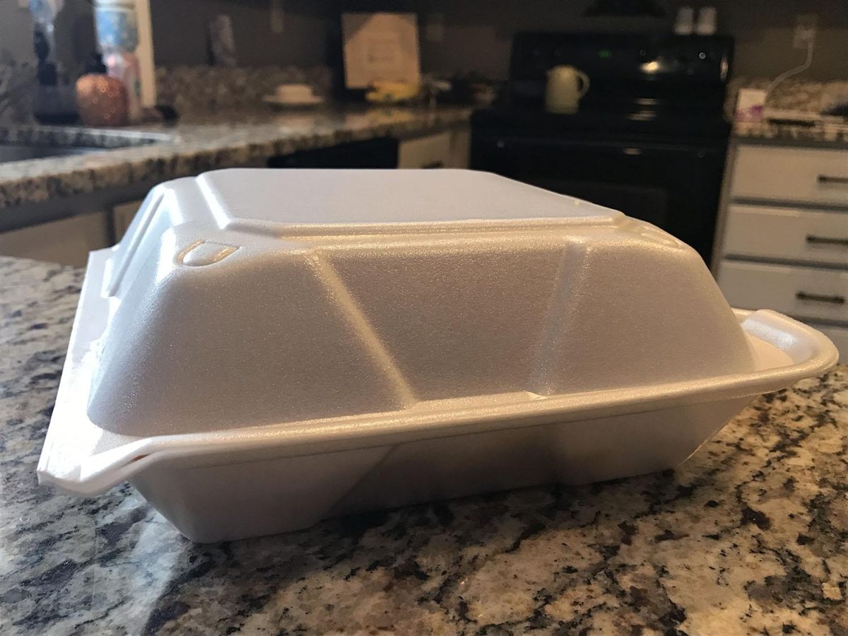 Oxford has adopted a program to phase out the use of polystyrene carryout containers such as this one over the next two years. Oxford Observer file photo