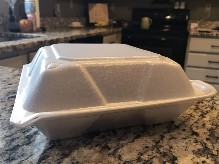 Oxford has adopted a program to phase out the use of polystyrene carryout containers such as this one over the next two years. Oxford Observer file photo