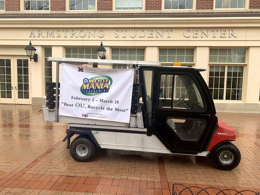 RecycleMania is advertised through a solar golf cart that is powered through a solar grid to have a low impact on the environment. Photo by Emma Hendy