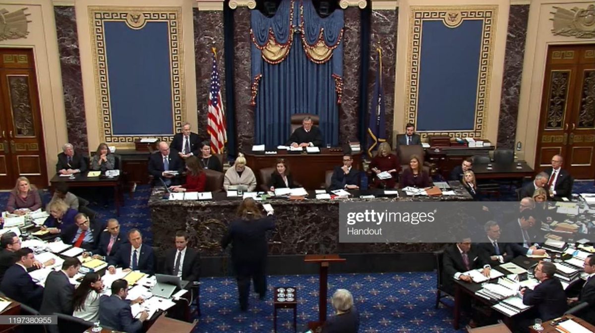 Chief Justice John Roberts presided over the impeachment trial of Donald Trump in the United States Senate, which ultimately acquitted the president. Photo by Senate Television via Getty Images.