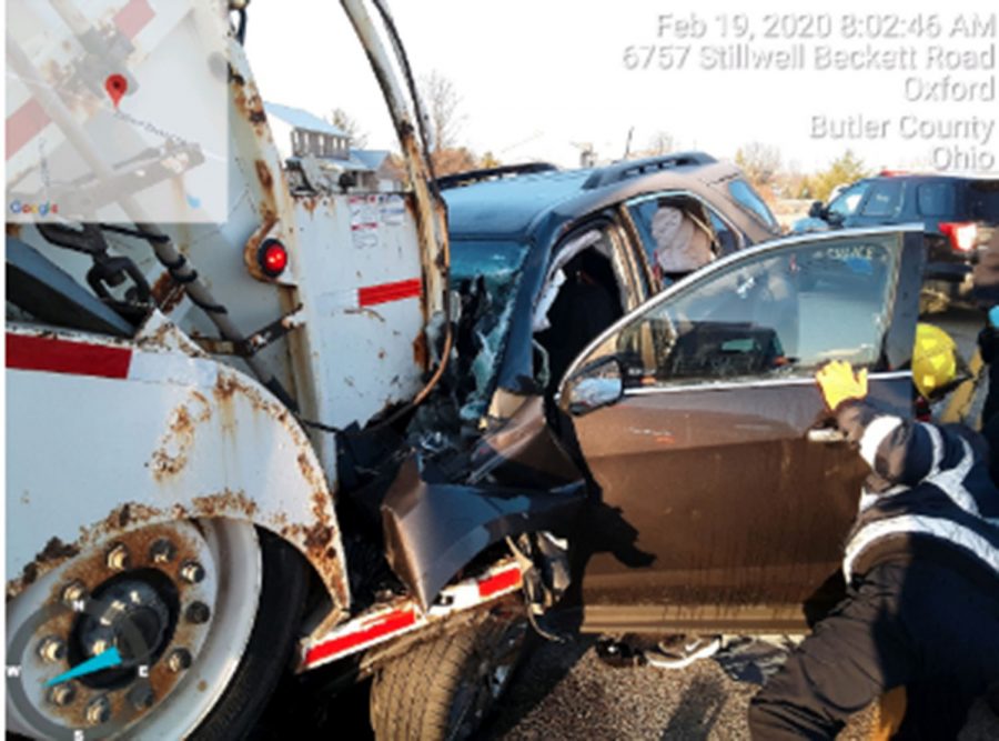 A+College+Corner+woman+died+Wednesday+when+her+SUV+struck+the+rear+of+a+Rumpke+garbage+truck+that+was+stopped+on+Stillwell+Beckett+Road.+Photo+provided+by+Oxford+Township+Police.