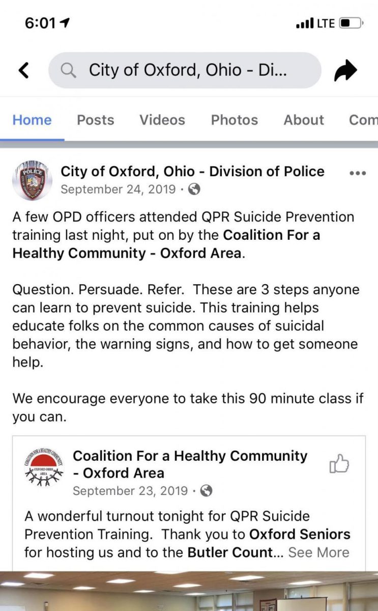 A post from last fall from the Oxford Police Department Facebook page noting a suicide prevention training session officers attended and offering the advice of “Question. Persuade. Refer.” when dealing with someone who may be suicidal. Image fromOxford Police Department