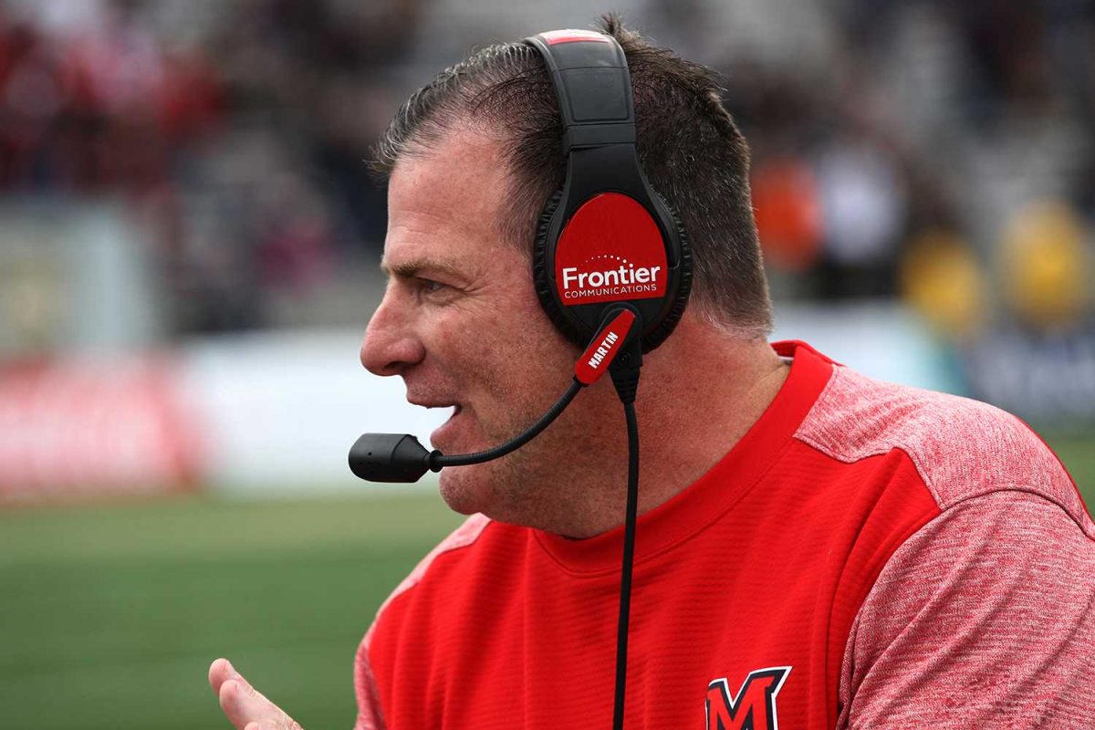 Chuck Martin, coaching the Miami RedHawks from the sideline, will be with the team for another five years, thanks to a contract extension. Photo provided by Miami Athletics.