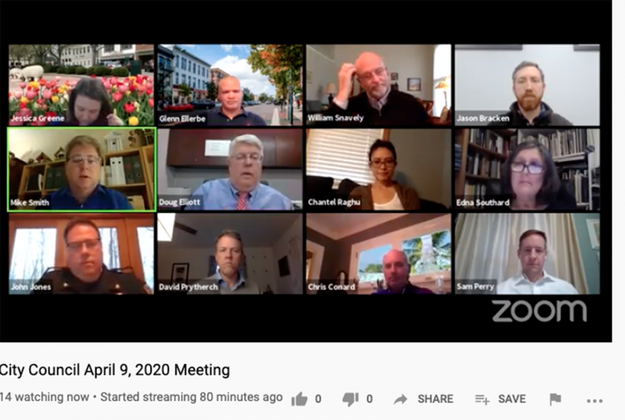 This computer screen shot shows Oxford officials connected Thursday on Zoom for their first virtual council meeting. Top row, left to right:  Assistant City Manager Jessica Greene and Councilors Glen Ellerbe, William Snavely and Jason Bracken. Middle row, left to right: Mayor Mike Smith, City Manager Doug Elliott and Councilors Chantel Raghu and Edna Southard. Bottom row, left to right: Police Chief John Jones, Councilor David Prytherch, Law Director Chris Conard and Community Development Director Sam Perry. Photo by Halie Barger. 