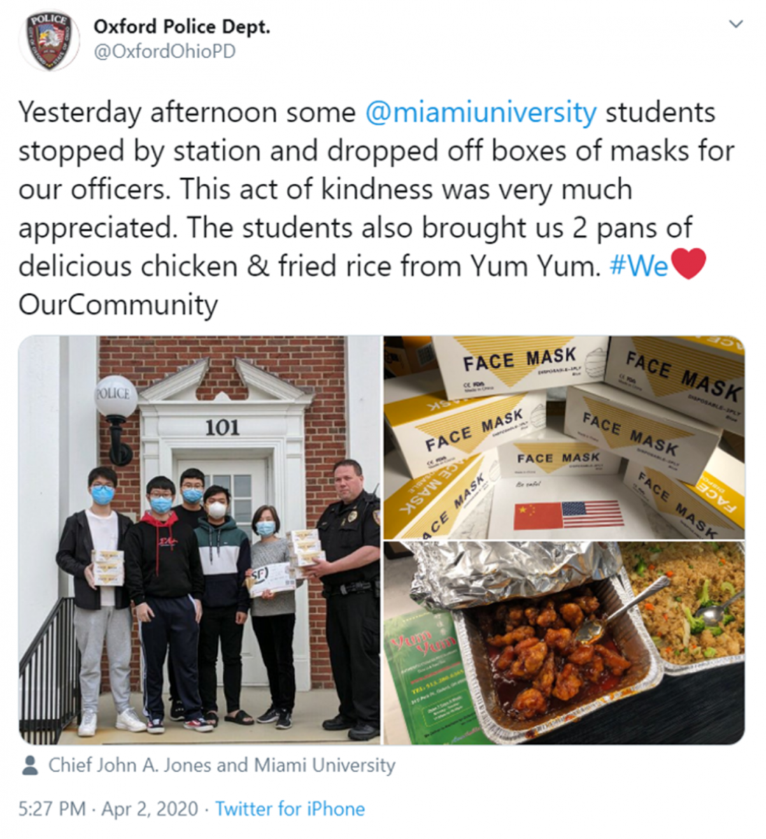 Oxford Police posted their thanks as well as some pictures about the Chinese students and parents who donated masks to the department on the department’s Facebook page. The pictures show Police Chief John Johns accepting the masks from a group of students, as well as the boxes of masks and trays of food the students gave to police.