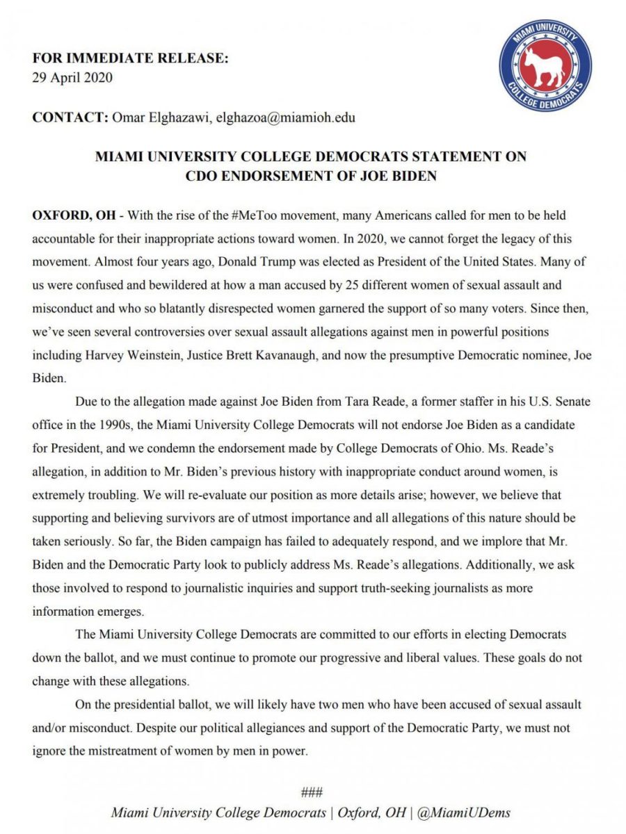 The press release by Miami University College Democrats explaining why the group will not endorse Joe Biden for president. The release was posted on social media.