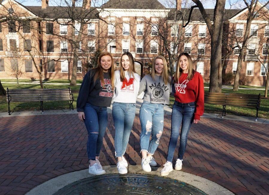 Four+Miami+roommates%2C+whose+senior+year+was+cut+short%2C+pose+for+one+last+picture+on+the+Miami+seal.+From+left%2C+Megan+Remaley%2C+Megan+King%2C+Sydney+Shadovitz+and+Melissa+Eterno.+Photo+provided+by+Megan+Remaley