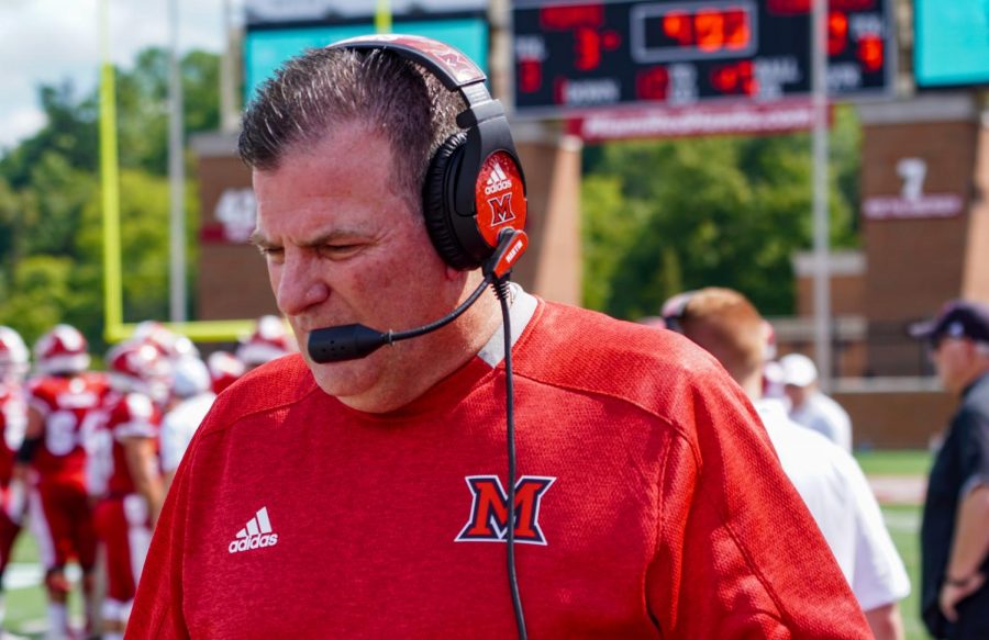 Miami Football Coach Chuck Martin writes on Twitter that he's learned the most by having conversations with his players and coaches. <em>Photo provided by Logan Stevens</em>