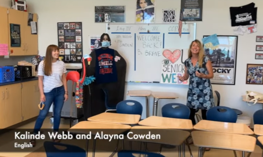 THS English teacher Kalinde Webb and her student teacher, Alayna Cowden, pose next to a cardboard cutout of Severus Snape wearing a mask during the THS welcome back video