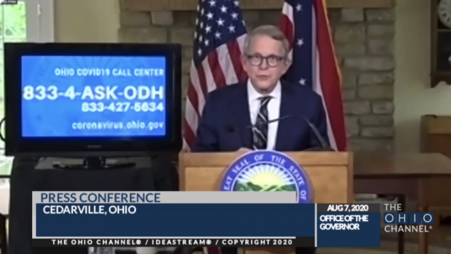 Gov. Mike DeWine speaks at a news conference Aug. 7 from his Cedarville home.