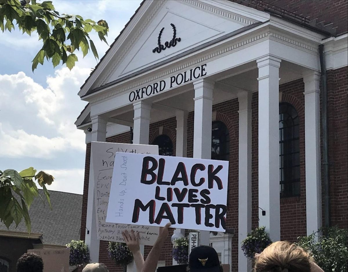 A sign from the protest held in early June in Oxford.  Black Lives Matter plans a protest at Miami at 4 p.m. today. 
