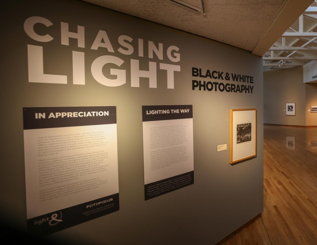 “Chasing Light,” an exhibition of black and white photographs, is one of several exhibits at the Miami University Art Museum that can be viewed in person or virtually. 