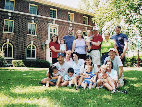 Richard Nault at a 2005 reunion of the Hoops Group of his former students in front of Bishop Hall.