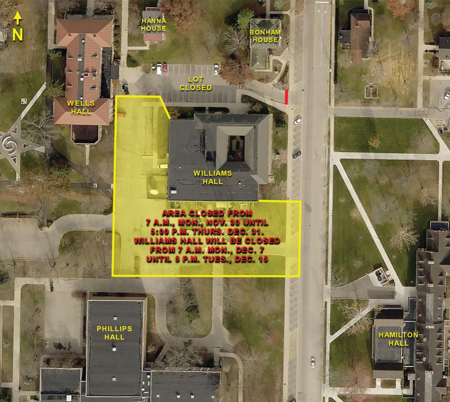 The radio tower stands a few feet south of Willams Hall. This map shows the size of the deconstruction site.