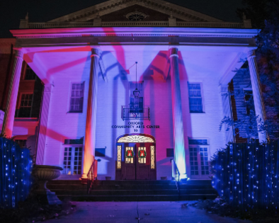 Oxford Night Lights illuminate the front enterence of the Oxford Community Arts Center.