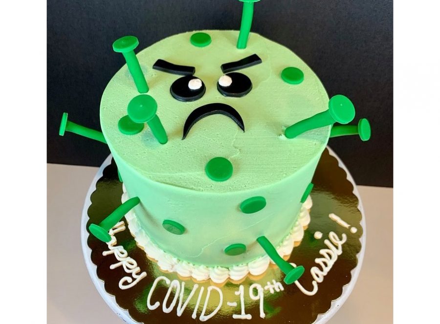 A spikey replica of the COVID-19 virus is one of the custom designs at Luke’s Custom Cakes and Cupcakes.