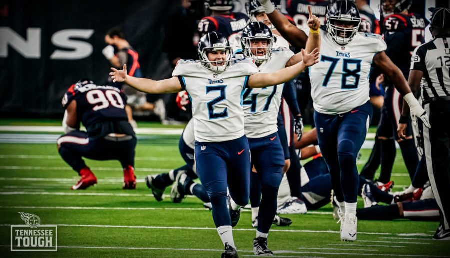 Sam Sloman (#2) celebrates after making the game-winning field goal against Houston on Sunday. Sloman was two for two and converted on five point-after attempts. 
