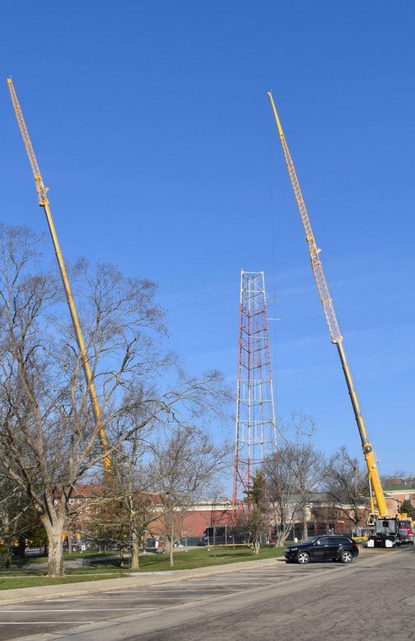 Day-by-day, sections of the red and white steel frame are cut loose and lowered into the parking lot behind William’s Hall, off of Oak Street. The building was closed as a safety precaution during the deconstruction. 
