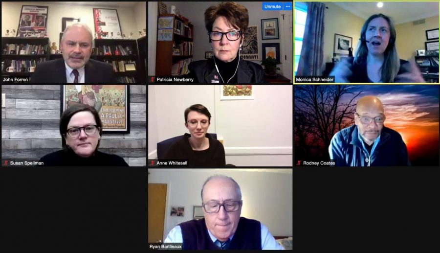 A panel of Miami University experts from several fields participate in a virtual town hall meeting Wednesday, “Democracy Under Pressure: A Town Hall Discussion of Recent Events.” Top row, left to right: John Forren, moderator and director of the Menard Family Center for Democracy; Patricia Newberry, journalism; Monica Schneider, political science. Middle row left to right: Susan Spellman, history; Ann Whitesell, political science; Rodney Coates, global and international studies. Bottom center: Ryan Barilleaux, political science.