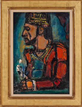 “The Old King” shows the influence of Rouault’s training in stained glass on his paintings, with thick black lines between blotches of bright color. 