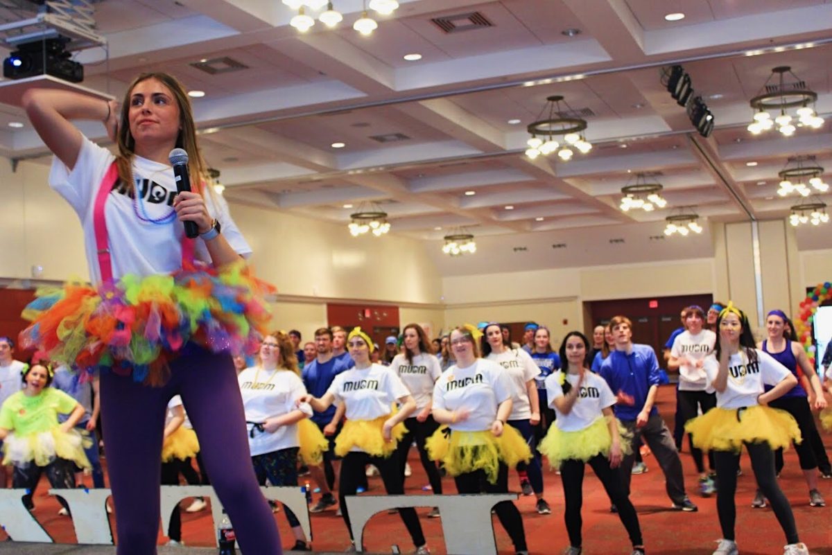 Dancers practically moved ‘til they dropped in this scene from the 2018 Miami University Dance Marathon. 