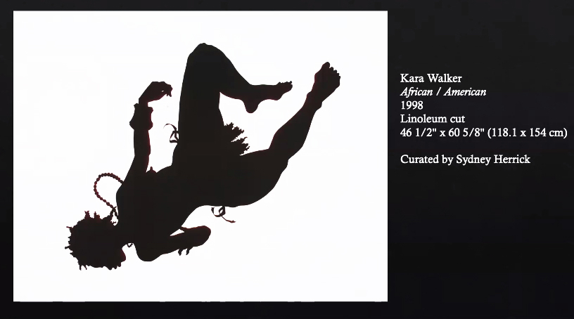 Kara Walker’s “African/American (1998),”  a linoleum cut piece, uses a black silhouette to show the beauty of the black female form, said student curator Sydney Herrick.