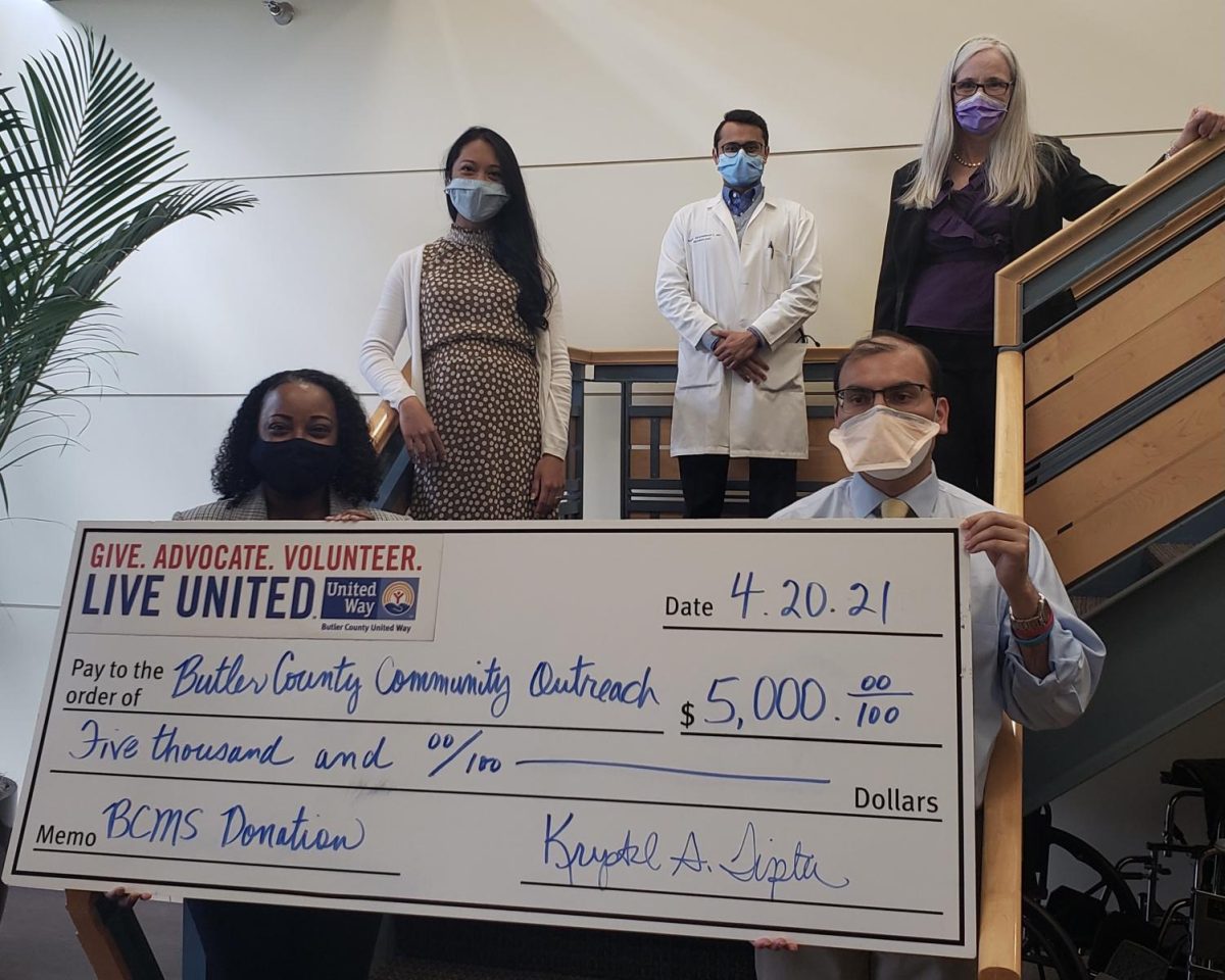 From left to right (clockwise):  Krystal Tipton, Butler County United Way President and CEO; Dr. Maricor Docena, Community Outreach Program Committee Co-chair; Dr. Samir Brahmbhatt; Dr. Alisa McGill; and Dr. Anu Mital, Butler County Medical Society President. During the check presentation on April 20, at Bethesda Butler Hospital.
