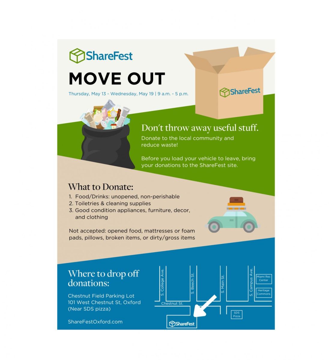 Don’t just dump your unwanted household goods and furniture at the curb when you move out of Oxford this spring. The city has several recycling and donation suggestions instead.