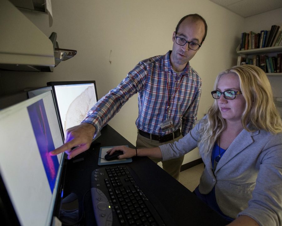 Matthew McMurray, assistant professor of psychology, and researcher Kristen Krolick in McMurray’s neuroscience lab at Miami. 