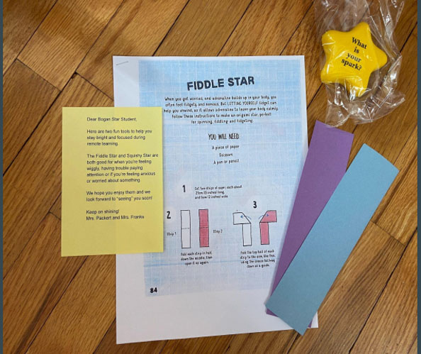 Contents of the self-care bags with a craft and squishy toy, distributed to remote students.