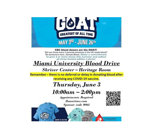 Miami and Community Blood Center host blood drive June 3