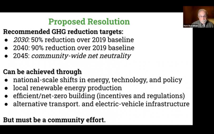 Mark Boardman of the Oxford Climate Action Steering Committee, presents greenhouse gas reduction targets to city council at Tuesday’s virtual council meeting.