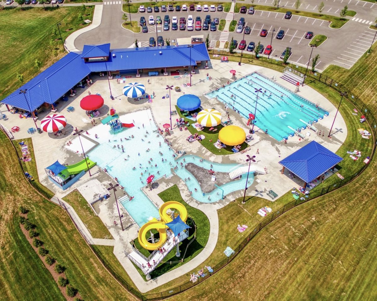 An aerial shot shows off the Oxford Aquatic Center in Oxford Community Park, now scheduled to open on Memorial Day.