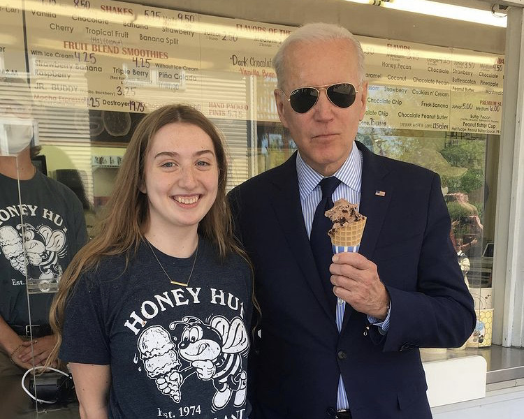 President Biden apparently prefers vanilla chocolate chip, but was happy to take a chocolate chocolate chip cone Grace Kelley served him.