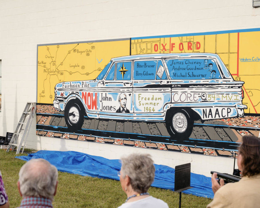 The mural as it appeared when installed in its original location on the exterior wall of the Rittgers & Rittgers Law Firm, on High Street, in 2019.